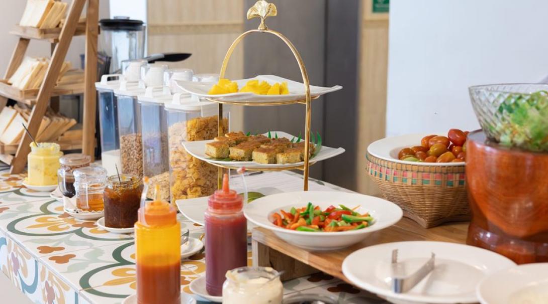 Typical buffet at the hotel in Cambodia for high school interns